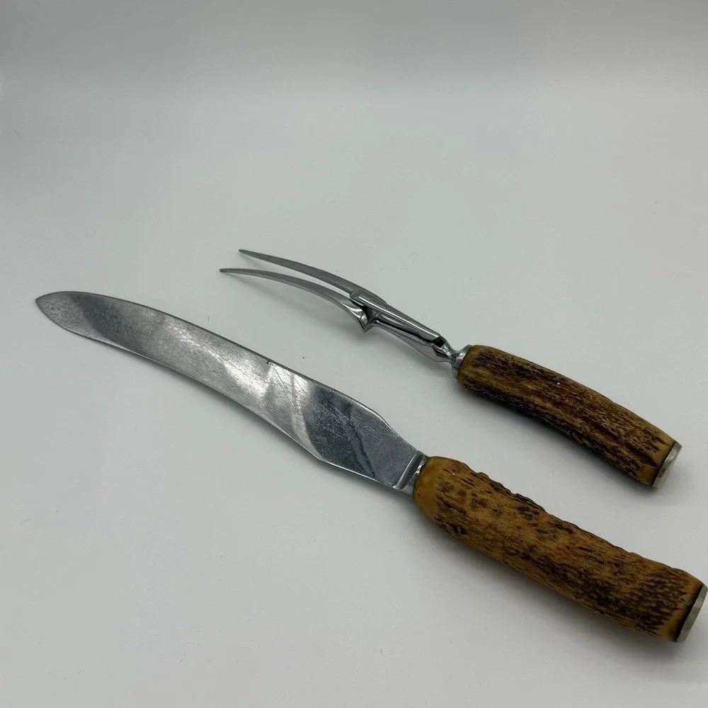 W.R. Humphreys & Co Antler Handle 2pc Carving Set Knife & Fork Sheffield England